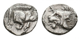MYSIA. Kyzikos. (450-400 BC). AR Hemiobol.
Obv: Forepart of boar right, tunny behind.
Rev: Head of lion left; retrograde K to upper left; all within i...