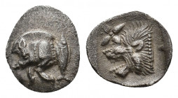 MYSIA. Kyzikos. (Circa 450-400 BC). AR Hemiobol.
Obv: Forepart of boar left; to right, tunny upward.
Rev: Head of roaring lion left; star to upper lef...