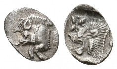 MYSIA. Kyzikos. (Circa 450-400 BC). AR Hemiobol.
Obv: Forepart of boar left; to right, tunny upward.
Rev: Head of roaring lion left; star to upper lef...