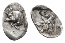 MYSIA. Kyzikos. (Circa 450-400 BC). AR Hemiobol.
Obv: Forepart of boar left with H on shoulder; tunny behind.
Rev: Head of roaring lion left; all with...