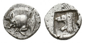 MYSIA. Kyzikos. (Circa 450-400 BC). AR Hemiobol.
Obv: Forepart of boar left; to right, tunny upward.
Rev: Head of roaring lion left; all within incuse...
