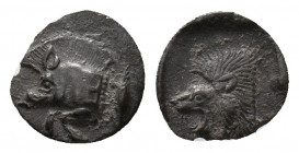 MYSIA. Kyzikos. (Circa 450-400 BC). AR Obol.
Obv: Forepart of boar left, with Ǝ on shoulder; to right, tunny upward.
Rev: Head of roaring lion left wi...