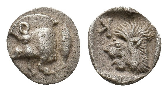 MYSIA. Kyzikos. (Circa 450-400 BC). AR Obol.
Obv: Forepart of boar left; tunny t...