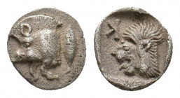 MYSIA. Kyzikos. (Circa 450-400 BC). AR Obol.
Obv: Forepart of boar left; tunny to right.
Rev: Head of roaring lion left; retrograde K in upper left fi...