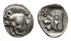 MYSIA. Kyzikos. (Circa 450-400 BC). AR Obol.
Obv: Forepart of boar left; tunny to right.
Rev: Head of roaring lion left; retrograde K in upper left fi...