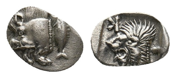 MYSIA. Kyzikos. (Circa 450-400 BC). AR Obol.
Obv: Forepart of boar left; tunny t...