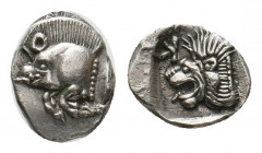MYSIA. Kyzikos. (Circa 450-400 BC). AR Obol.
Obv: Forepart of boar left; tunny to right.
Rev: Head of roaring lion left; retrograde K in upper left fi...