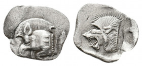 MYSIA. Kyzikos. (Circa 450-400 BC). AR Obol.
Obv: Forepart of boar left, with Ǝ on shoulder; to right, tunny upward.
Rev: Head of roaring lion left wi...