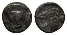 MYSIA. Kyzikos. (Circa 450-400 BC). AR Obol.
Obv: Forepart of boar left; to right, tunny upward.
Rev: Head of roaring lion left within incuse square.
...