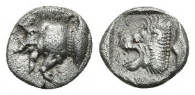 MYSIA. Kyzikos. (Circa 450-400 BC). AR Obol.
Obv: Forepart of boar left; to right, tunny upward.
Rev: Head of roaring lion left within incuse square.
...