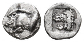 MYSIA. Kyzikos. (Circa 450-400 BC). AR Obol.
Obv: Forepart of boar left; to right, tunny upward.
Rev: Head of roaring lion left within incuse square.
...