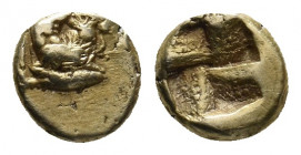 MYSIA. Kyzikos. (5th-4th centuries BC). EL 1/24 Stater. 
Obv: Perseus, nude but for cloak tied around neck, kneeling right, head left, holding harpa a...