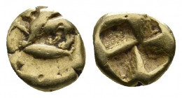 MYSIA. Kyzikos. (Circa 550-475 BC.) EL Hemihekte.
Obv: Sphinx with curved wings, raising right forepaw, standing left on tunny fish 
Rev: Quadripartit...