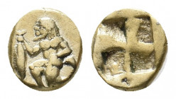 MYSIA. Kyzikos. (Circa 500-450 BC). EL Hemihekte.
Obv: Satyr in kneeling-running stance to left, holding in his extended right hand a tunny fish by th...