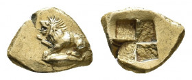 MYSIA. Kyzikos. (Circa 500-450 BC). EL Hemihekte.
Obv: Lion, raising right forepaw, seated to left on tunny swimming left.
Rev: Quadripartite incuse s...
