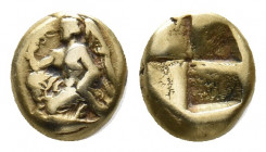 MYSIA. Kyzikos. (Circa 550-450 BC). EL Hekte.
Obv: Nike, holding aphlaston, kneeling left on tunny left.
Rev: Quadripartite incuse square..
von Fritze...