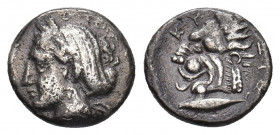 MYSIA. Kyzikos. (Circa 390-341/0 BC). AR Drachm.
Obv: [ΣΩTEIPA].
Head of Kore Soteira left, with hair in sphendone.
Rev: KYZI.
Head of lion left; unce...