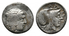 MYSIA. Lampsakos. (Circa 390-330 BC). AR Trihemiobol.
Obv: Female double-head, wearing earring .
Rev: Helmeted head of Athena right within incuse circ...