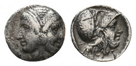 MYSIA. Lampsakos. (Circa 390-330 BC). AR Trihemiobol.
Obv: Female double-head, wearing earring .
Rev: Λ[ΑΜ]Ψ
Helmeted head of Athena right within incu...