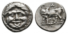 MYSIA. Parion. (4th century BC). AR Hemidrachm.
Obv: Facing gorgoneion within incuse circle.
Rev: ΠΑ / ΡΙ.
Bull standing left, head right; bee on grou...