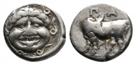 MYSIA. Parion. (4th century BC). AR Hemidrachm.
Obv: Facing gorgoneion within incuse circle.
Rev: ΠΑ / ΡΙ.
Bull standing left, head reverted.
SNG Aulo...