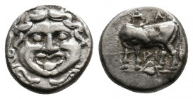 MYSIA. Parion. (4th century BC). AR Hemidrachm.
Obv: Facing gorgoneion within incuse circle.
Rev: ΠΑ / ΡΙ.
Bull standing left, head reverted; ivy leaf...