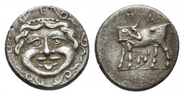MYSIA. Parion. (4th century BC). AR Hemidrachm.
Obv: Facing gorgoneion within incuse circle.
Rev: ΠΑ / ΡΙ.
Bull, with head right, standing left on gro...