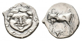 MYSIA. Parion. (4th century BC). AR Hemidrachm.
Obv: Facing gorgoneion within incuse circle.
Rev: ΠΑ / ΡΙ. 
Bull standing left, head reverted. Control...