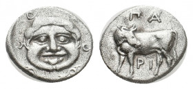 MYSIA. Parion. AR Hemidrachm (4th century BC). AR Hemidrachm.
Obv: Facing gorgoneion within incuse circle.
Rev: ΠΑ / ΡΙ. 
Bull standing left, head rig...