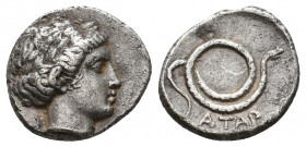 MYSIA. Atarneos. (Circa 350-300 BC). AR Triobol.
Obv: Laureate head of Apollo right.
Rev: ATAP.
Coiled serpent right.
Traité II, 2511; AMNG IV, 317.
C...