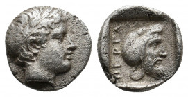 MYSIA. Pergamon. (Circa 450-350 BC). AR Diobol.
Obv: Laureate head of Apollo right.
Rev: ΠEPΓA.
Head of satrap right, wearing Persian headdress; cresc...