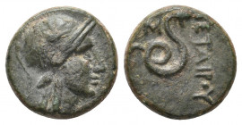 MYSIA. Pergamon. Philetairos. (200-133 BC.) Ae.
Obv: Helmeted head of Athena right.
Rev: [ΦΙΛ]ΕΤΑΙΡΟΥ.
Coiled snake, head standing right, monogram to ...