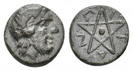 MYSIA. Pitane. (4th-3rd century BC). Ae.
Obv: Head of Zeus Ammon right.
Rev: ΠΙΤΑΠ.
Pentagram, branch in centre.
SNG BnF 2349.
Condition: Very fine.
W...