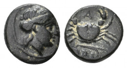 MYSIA. Priapos. (4th century BC). Ae. 
Obv: Laureate head of Apollo right 
Rev: Crab; A above, harpa below. 
SNG Arikantürk 1096–101.
Condition: Fine....