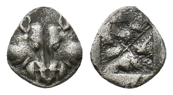 LESBOS. Uncertain mint. (Circa 500-450 BC). BI Obol.
Obv: Confronted boars’ head...