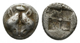 LESBOS. Uncertain mint. (Circa 500-450 BC). Bl Obol or 1/8 Stater . 
Obv: Confronted heads of two boars; above, human eye. 
Rev. Quadripartite incuse ...
