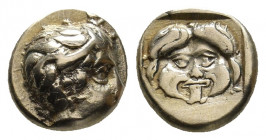 LESBOS. Mytilene. (Circa 454-428/7 BC). EL Hekte.
Obv: Head of Aktaeon right, wearing horn of stag.
Rev: Facing gorgoneion within incuse square.
Boden...