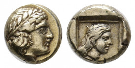 LESBOS. Mytilene. (Circa 412-378 BC). EL Hekte.
Obv: Laureate head of Apollo right.
Rev: Head of female right within linear square border; all within ...