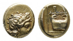 LESBOS. Mytilene. (Circa 377-326 BC). EL Hekte
Obv: Laureate head of Apollo right. 
Rev: Kithara within linear square border; all within incuse square...
