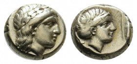 LESBOS. Mytilene. (Circa 377-326 BC). EL Hekte.
Obv: Laureate head of Apollo right.
Rev: Head of Artemis right, with hair in sphendone; coiled serpe...