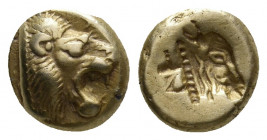 LESBOS. Mytilene (Circa 521-478 BC). EL Hekte.
Obv: Head of roaring lion right.
Rev: Incuse head of calf right; rectangular punch to left.
Bodenstedt ...