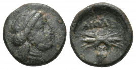 LESBOS. Methymna. (Circa 4th Century BC). Ae.
Obv: Female head right, wearing stephane, earring, and necklace. 
Rev: AIOΛE.
Thunderbolt; grapes below....