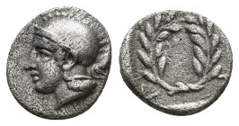 AEOLIS. Elaia. (Circa 450-400 BC). AR Diobol.
Obv: Helmeted head of Athena left.
Rev: Λ
Laurel wreath within incuse square.
SNG Copenhagen 166.
Condit...
