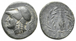 AEOLIS. Elaia. (Circa Mid 4th-3rd century BC). Ae.
Obv: Helmeted head of Athena left.
Rev: Ε - Λ.
Grain ear within olive wreath.
Cf. SNG Copenhagen 17...