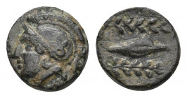 AIOLIS. Elaia. (Circa 340-300 BC). Ae. 
Obv: Helmeted head of Athena to left 
Rev: Grain ear between two olive branches. 
BMC 4; SNG Copenhagen 167.
C...