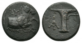 AEOLIS. Kyme. (Circa 350-250 BC). Dionysios, magistrate. Ae.
Obv: KY / ΔΙΟΝΥΣΙΟΣ.
Forepart of horse right.
Rev: Skyphos; monogram in left field.
BMC 4...