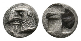 AEOLIS. Kyme. (Circa 480-450 BC). AR Hemiobol.
Obv: K Y.
Head of eagle left.
Rev: Quadripartite incuse square.
SNG Copenhagen 31; Klein 333.
Condition...