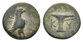 AEOLIS. Kyme. (Circa 350-250 BC). Ae.
Obv: Eagle standing right.
Rev: KY.
One-handled cup left.
SNG Copenhagen 41-45 var.
Condition: VF.
Weight: 1.28 ...