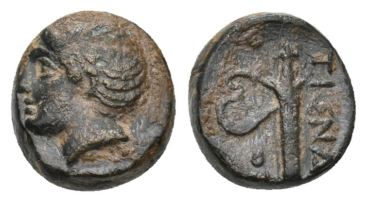 AIOLIS. Tisna. (Circa 350-300 BC). Ae. 
Obv: Young male head to left, hair short...