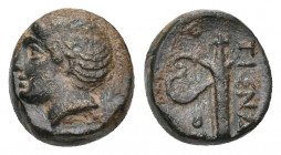 AIOLIS. Tisna. (Circa 350-300 BC). Ae. 
Obv: Young male head to left, hair short. 
Rev: ΤΙΣΝΑ[ΙΟΝ]
Sword in sheath. 
Klein, KM 49, 345. Traité II 2074...